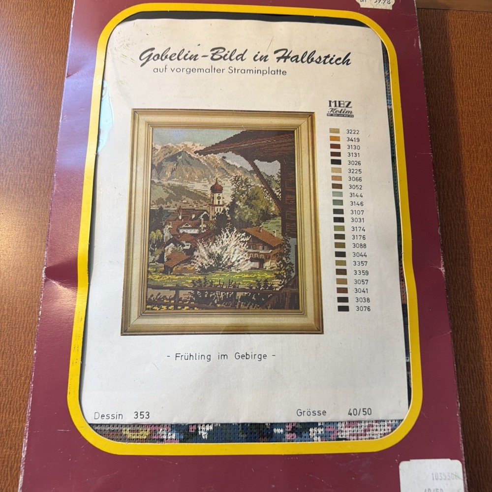 Vtg European Mountainside Chalet Scene Needlepoint Kit W/ Canvas & Yarn Gobelin